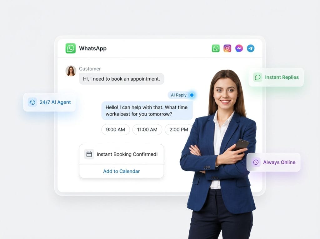 Businesswoman with chat and booking interface for customer support.