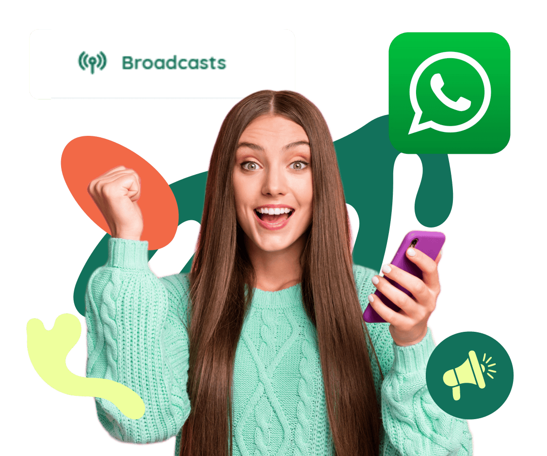 Woman using smartphone with WhatsApp and broadcast icons for digital marketing.