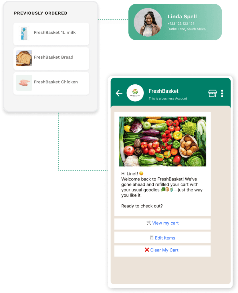 Mobile app screen showing FreshBasket grocery order and chat with customer support.