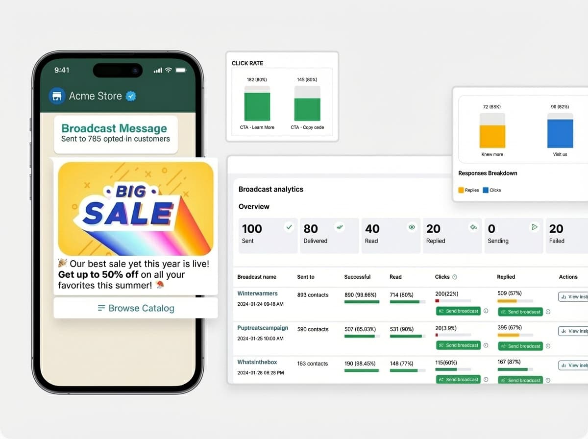 Smartphone displaying broadcast message and analytics dashboard for digital marketing success.
