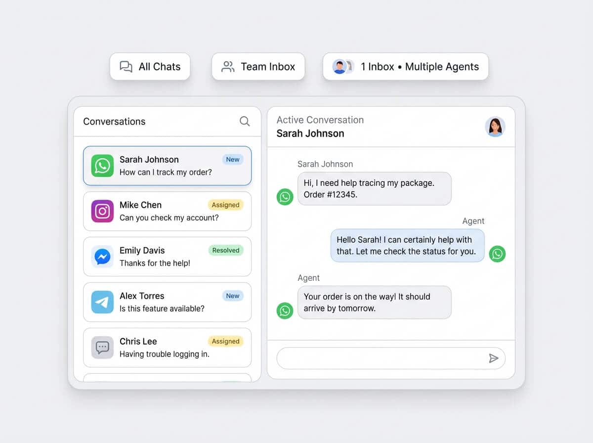 Customer support chat interface with multiple conversations and agent responses.