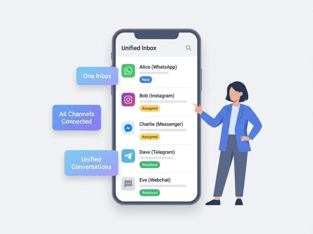 Mobile phone displaying unified inbox with multiple messaging apps icons.