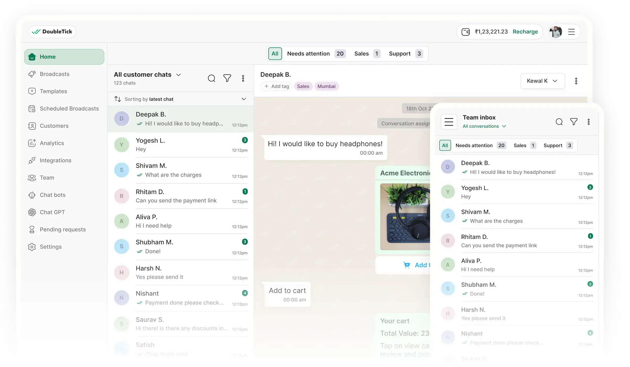 DoubleTick's own product screenshot of its shared team inbox. A left-hand navigation lists Home, Broadcasts, Templates, Scheduled Broadcasts, Customers, Analytics, Integrations, Team, Chat bots, Chat GPT, Pending requests and Settings. A conversation list headed All customer chats shows twelve waiting customers, and the open conversation shows a customer asking to buy headphones with a product card and an Add to cart button beside it. Along the top of the app a wallet balance is displayed in rupees, at 1,23,221.23, with a Recharge button next to it.