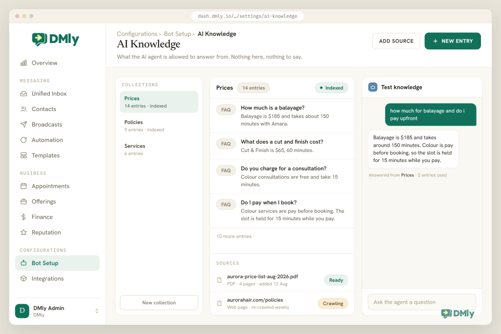 The DMly AI Knowledge screen showing three collections in the left column, the Prices collection open with fourteen entries and an Indexed badge, four of those question and answer entries listed above a row reading 10 more entries, two sources beneath them (a price list PDF marked Ready and a policies web page marked Crawling), and a Test knowledge panel on the right where a question about balayage is answered from two entries.