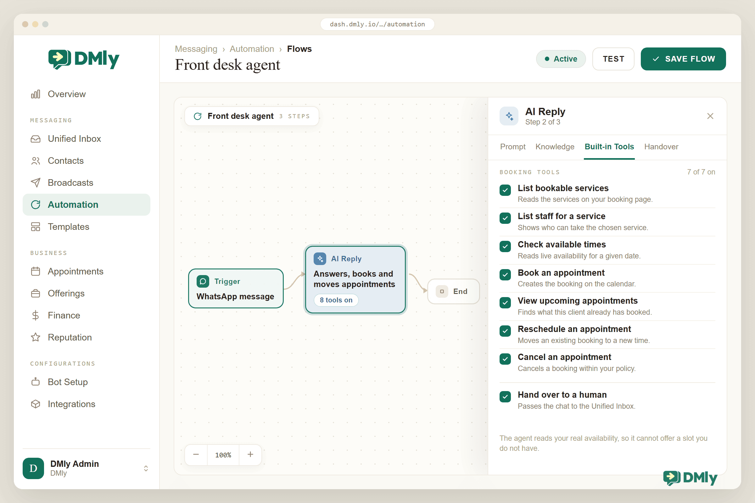 The DMly automation flow builder showing a WhatsApp message trigger connected to a selected AI Reply step and an End node, with the AI Reply panel open on the Built-in Tools tab. Seven booking tools are ticked, from listing services and checking available times to booking, rescheduling and cancelling, plus a ticked Hand over to a human row.