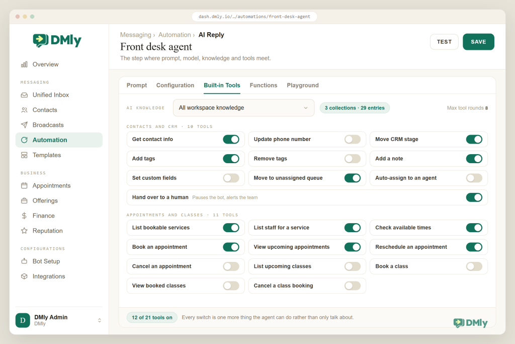The DMly AI Reply step inside an automation, open on the Built-in Tools tab, with the Prompt, Configuration, Functions and Playground tabs beside it, an AI Knowledge selector set to All workspace knowledge, a max tool rounds value of 8, and twenty-one tools shown as switches in two groups, ten under Contacts and CRM and eleven under Appointments and classes, twelve of them switched on.
