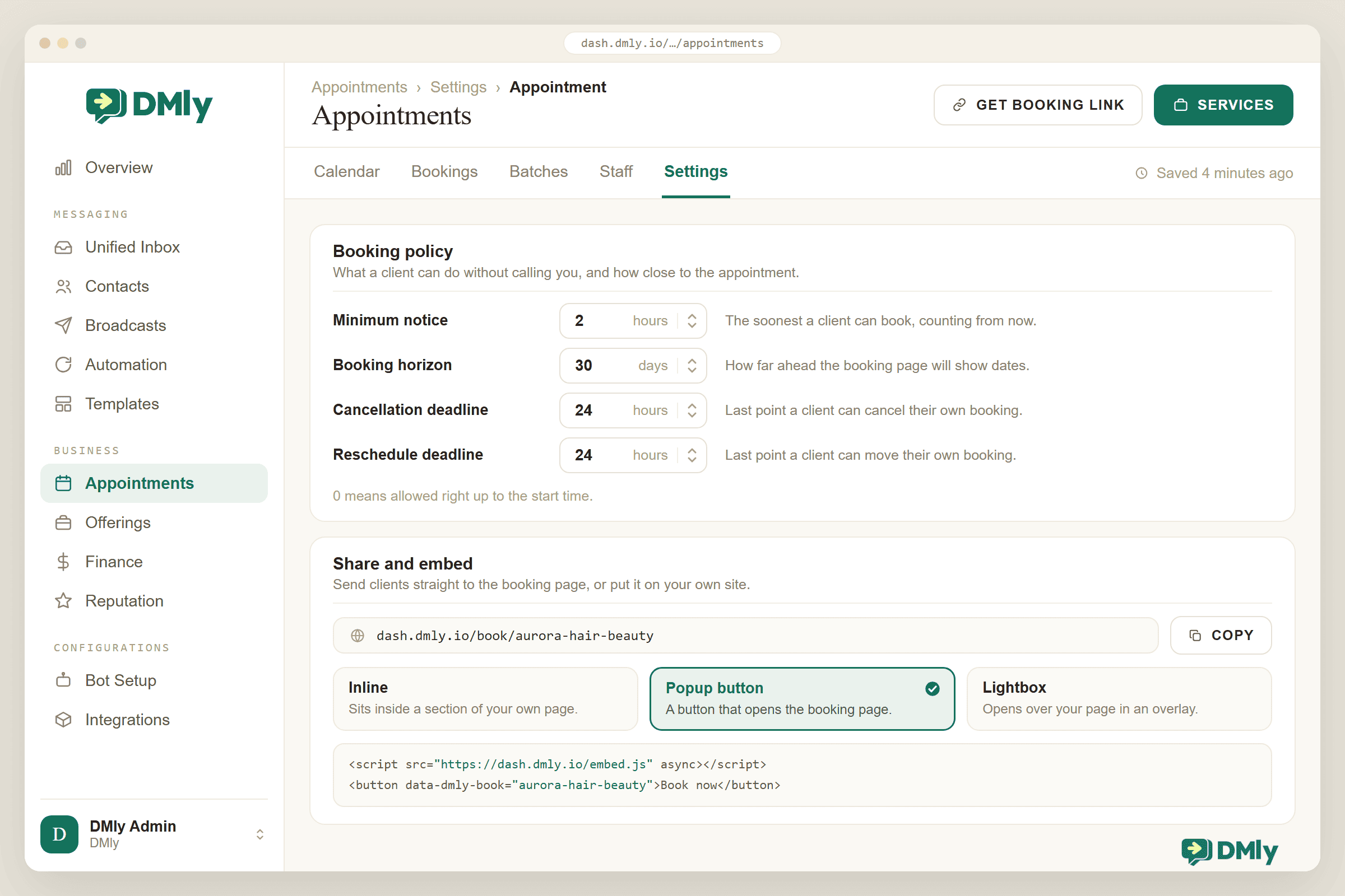 The DMly Appointments Settings tab with a Booking policy panel setting minimum notice to 2 hours, booking horizon to 30 days and both the cancellation and reschedule deadlines to 24 hours. Below it a Share and embed panel shows the booking page URL with a Copy button, three embed options with Popup button selected, and the embed code snippet.