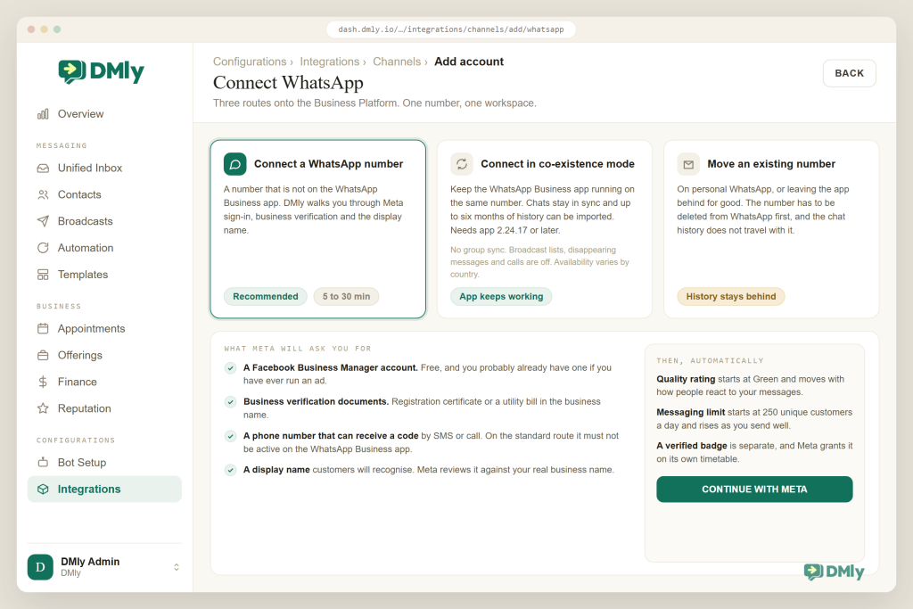 The DMly add channel screen for WhatsApp with three routes onto the Business Platform: connect a WhatsApp number, selected and recommended at 5 to 30 minutes; connect in co-existence mode, which keeps the WhatsApp Business app running on the same number with chats in sync; and move an existing number, which is deleted from WhatsApp first so the history stays behind. Beside them, the list of what Meta asks for and a panel on quality rating, the 250 customer messaging limit and the separate verified badge.