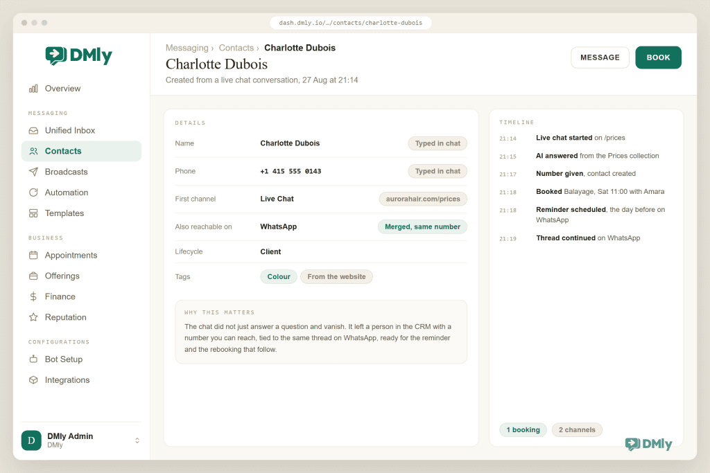 A DMly contact record created from a live chat conversation, showing the name and phone number typed in chat, the first channel recorded as Live Chat with the page it started on, a merged WhatsApp channel on the same number, and a timeline from chat started through the booking and its WhatsApp reminder to the thread continuing on WhatsApp.