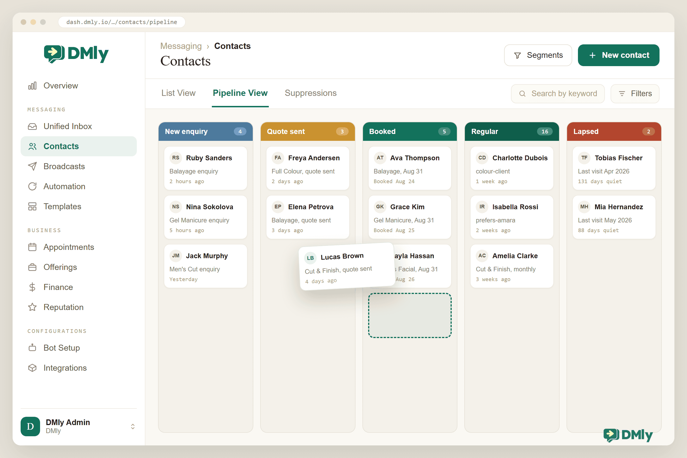 The DMly Contacts Pipeline View, a kanban board of five colour-coded columns: New enquiry, Quote sent, Booked, Regular and Lapsed, each holding small contact cards with a name, service line and timestamp. One card, Lucas Brown, is lifted mid-drag between Quote sent and Booked, with a dashed outline in the Booked column showing where it will land.