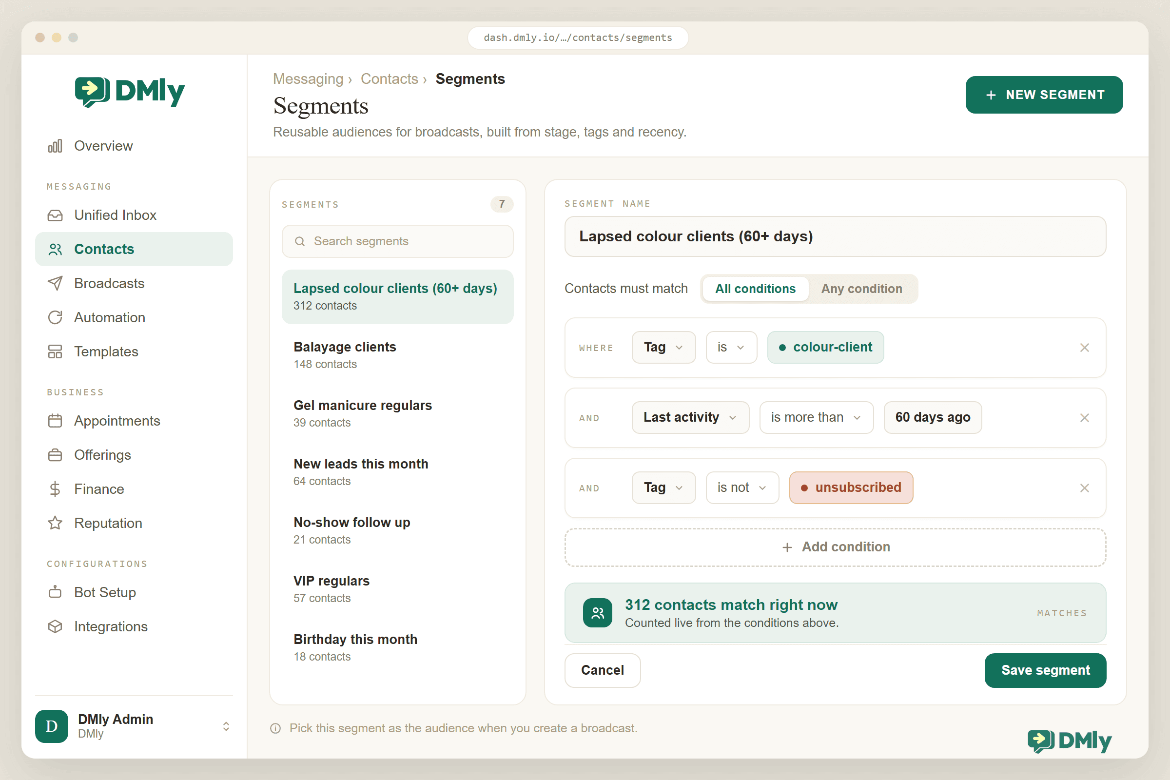 The DMly dashboard on Contacts > Segments, with the segment "Lapsed colour clients (60+ days)" open in the editor beside a list of saved segments. Three stacked condition rows read Tag is colour-client, Last activity is more than 60 days ago, and Tag is not unsubscribed, above a green strip reading "312 contacts match right now" and an Add condition button.