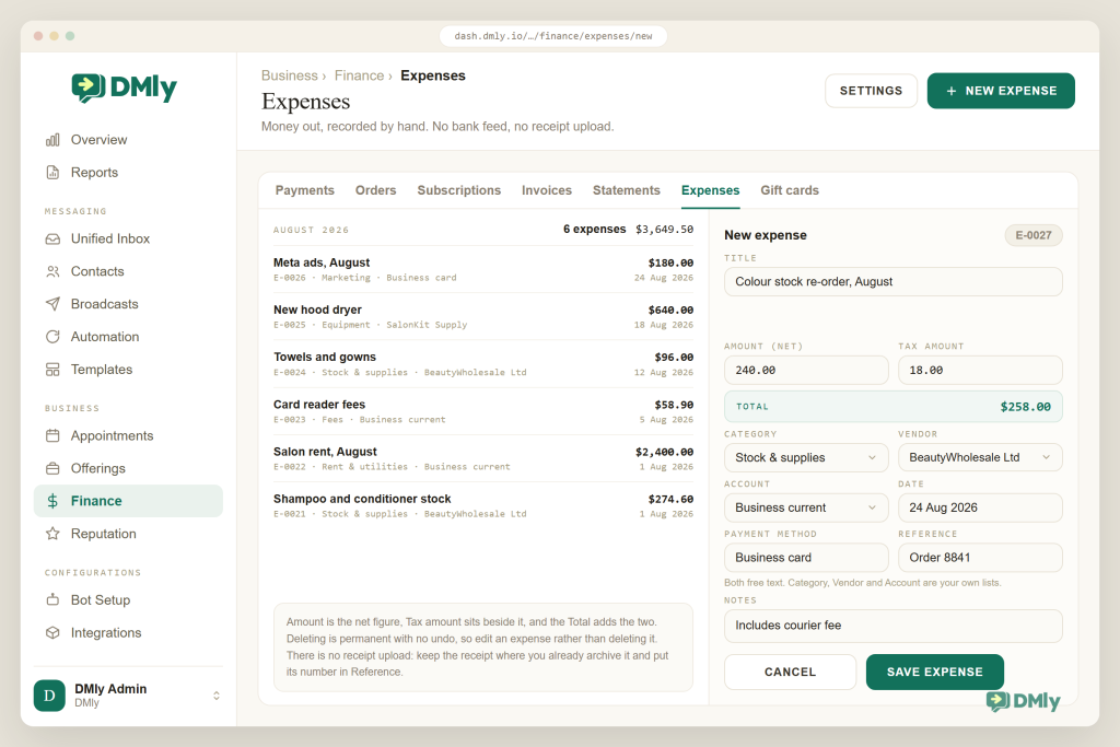 The DMly Finance Expenses tab, with six August expenses listed on the left and the New expense drawer open on the right showing Title, Amount (net) 240.00 and Tax amount 18.00 adding to a Total of $258.00, Category, Vendor and Account selectors, Date, the free-text Payment method and Reference fields, and Notes