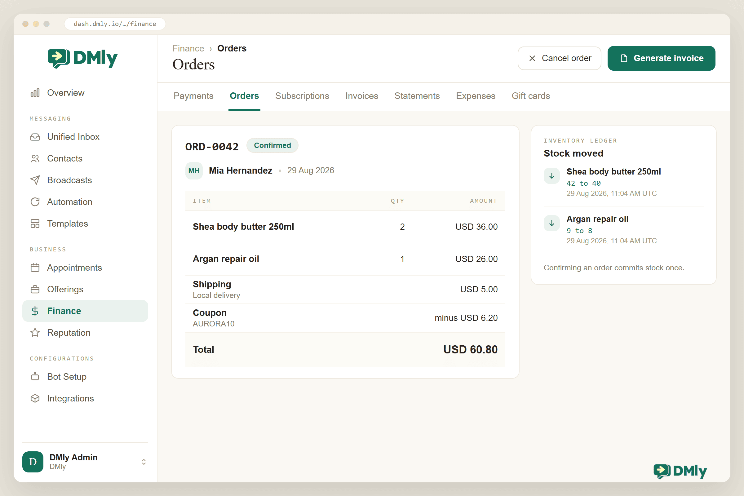 The DMly Finance screen on the Orders tab with order ORD-0042 open, carrying a green Confirmed pill, customer Mia Hernandez and the date 29 Aug 2026, above line items for shea body butter and argan repair oil plus shipping, the AURORA10 coupon deduction and a bold USD 60.80 total. A Stock moved panel on the right lists two green down arrow ledger lines, 42 to 40 and 9 to 8, with timestamps and the note that confirming an order commits stock once.