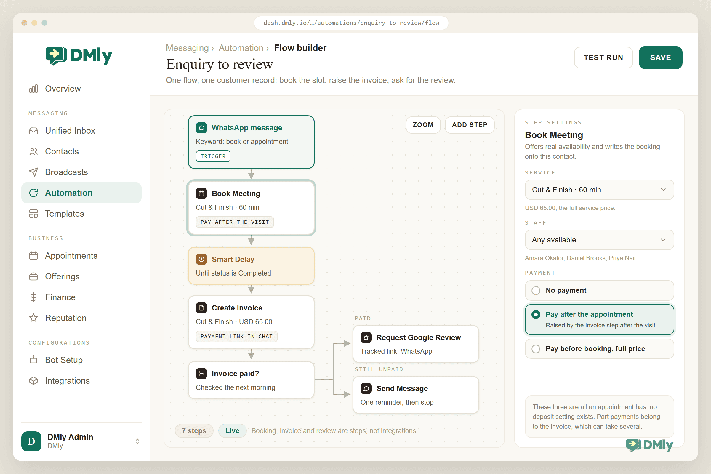 The DMly automation flow builder with a flow called Enquiry to review: a WhatsApp message trigger, a Book Meeting step for Cut and Finish set to pay after the appointment, a smart delay until the visit is marked Completed, a Create Invoice step for USD 65.00 sent as a payment link, and an Invoice paid? condition branching to Request Google Review when paid and to a single payment reminder when still unpaid, with the Book Meeting step settings panel open on the right showing the three payment options
