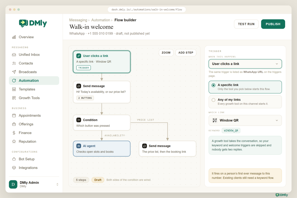 DMly flow builder with the Walk-in welcome flow on the canvas and the trigger panel open on the right. The trigger is set to User clicks a link, A specific link is selected instead of Any of my links, and the Window QR growth tool is chosen with its keyword WINDOW_QR shown beneath it. The flow runs from the trigger to a two-button message, then to a condition that branches to the AI agent on the availability side and a price list message on the other.