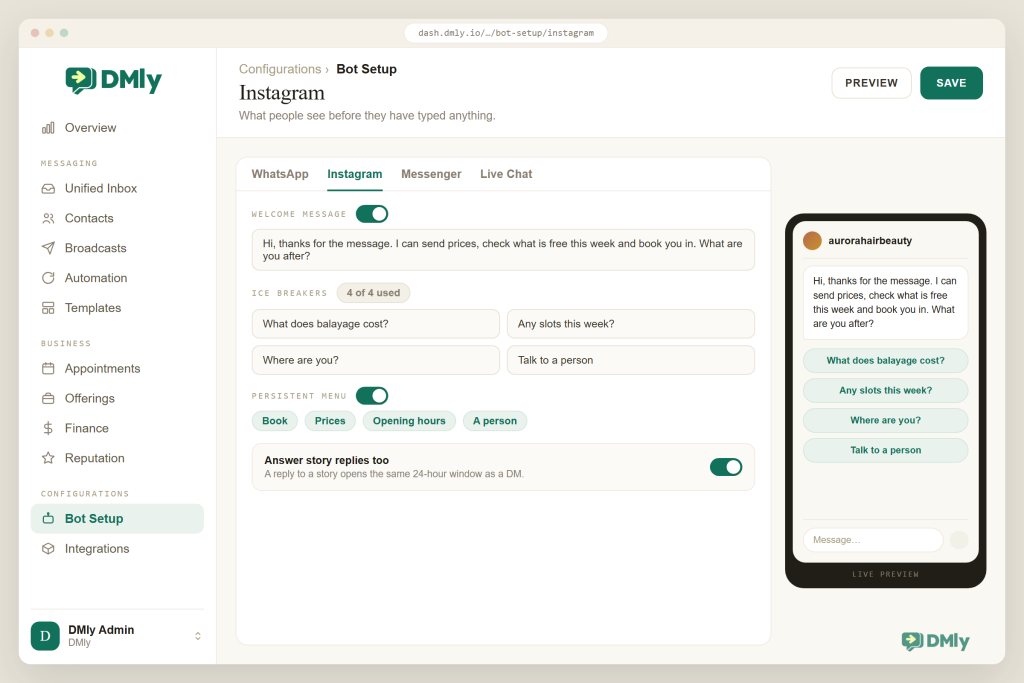 The DMly Bot Setup screen on the Instagram tab, showing a welcome message, four ice breakers, a persistent menu with four items and a switch for answering story replies, next to a phone preview of the Instagram thread with the same greeting and ice breakers.