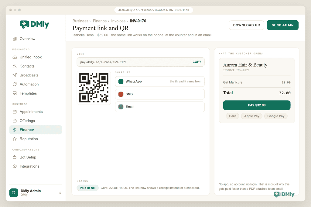 A DMly invoice payment link screen showing the short pay link, a QR code, share buttons for WhatsApp, SMS and email, a paid in full status with the card payment date, and a preview of the hosted checkout page the customer opens with card, Apple Pay and Google Pay options.