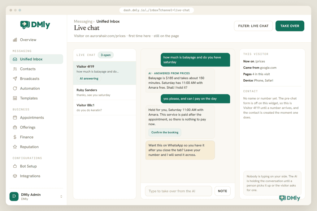 The DMly Unified Inbox filtered to the Live Chat channel, with a visitor conversation where the AI answered a price question from the knowledge base, held a Saturday slot that is paid after the appointment, and offered to continue on WhatsApp, and a side panel showing the page the visitor is on, the referrer, pages viewed and device.