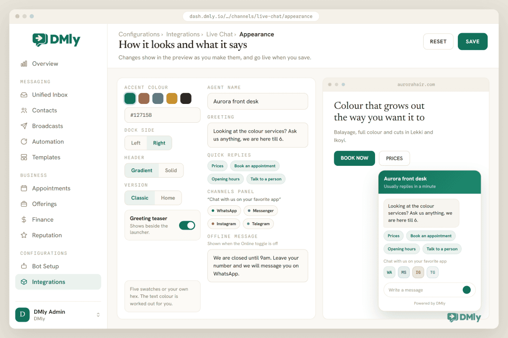 The DMly live chat appearance screen showing the settings the section describes: an accent colour from five swatches or a hex, the dock side, a gradient or solid header, the Classic or Home version, the greeting teaser toggle, the agent name and greeting, four quick reply chips, the channels panel headed Chat with us on your favorite app with WhatsApp, Messenger, Instagram and Telegram, and the offline message, beside a live preview of the salon site with the widget open and a Powered by DMly line in its footer.