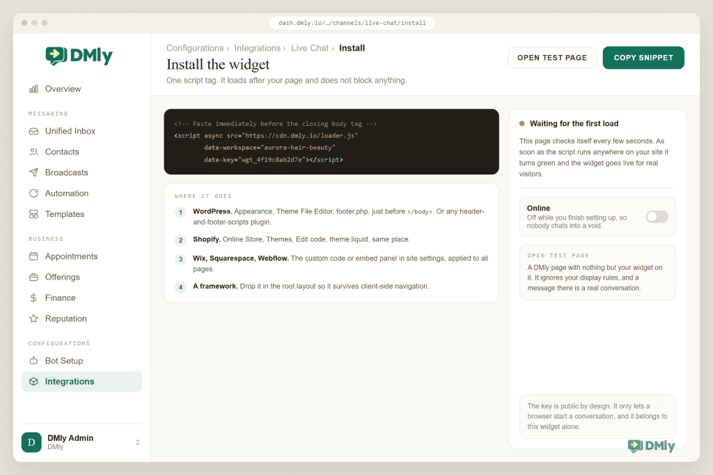The DMly live chat Install panel showing one async script tag with the workspace and public key, an Open test page button beside Copy snippet, a short list of where the tag goes in WordPress, Shopify, Wix, Squarespace, Webflow and a framework layout, and a side panel waiting for the first page load with the Online toggle still off while setup finishes.