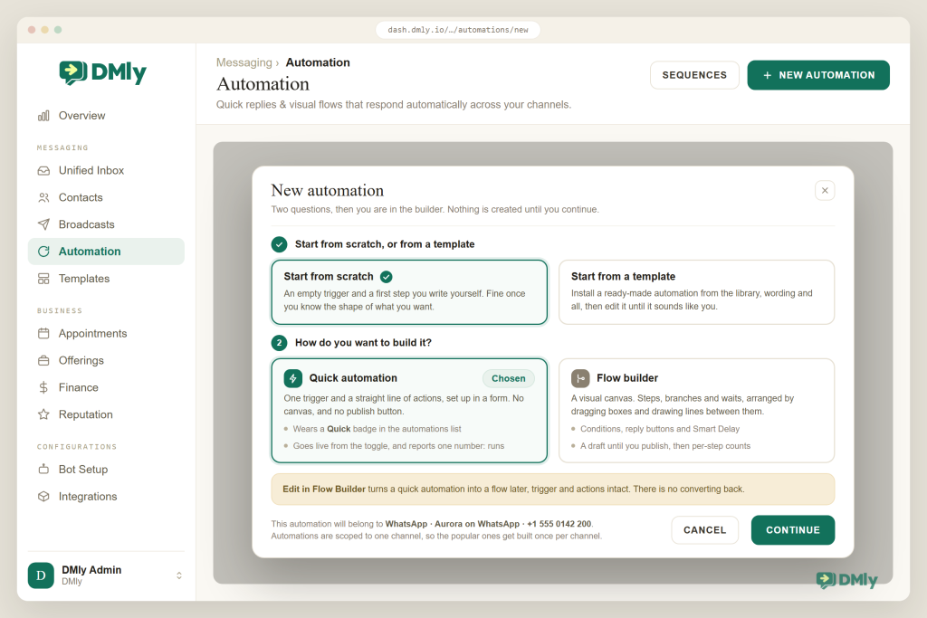 The New automation dialog in DMly, open over the Automation page. Step one, Start from scratch or from a template, is answered with Start from scratch, ticked in green. Step two, How do you want to build it?, offers Quick automation, chosen and marked with a Quick badge and a toggle, alongside Flow builder, described as a visual canvas that stays a draft until you publish. A note says Edit in Flow Builder converts a quick automation into a flow with no way back, and the footer confirms the automation will belong to the WhatsApp channel.