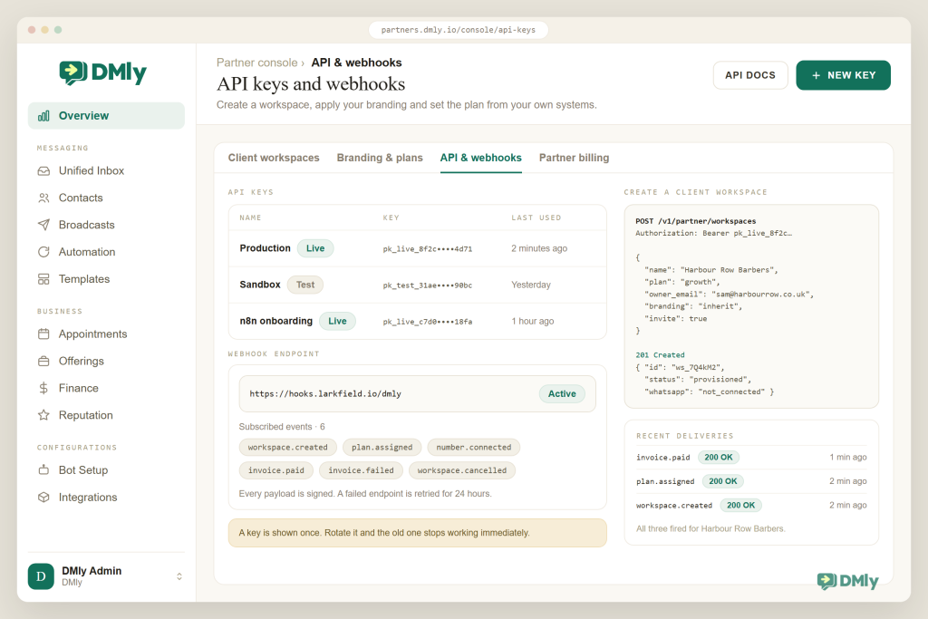 The API and webhooks page of DMly's partner console showing three masked API keys (Production and n8n onboarding marked Live, Sandbox marked Test) with when each was last used, a webhook endpoint at hooks.larkfield.io subscribed to six events including workspace.created, plan.assigned and invoice.paid, a sample POST to /v1/partner/workspaces creating a workspace for Harbour Row Barbers with its 201 Created response, and three recent deliveries returning 200 OK