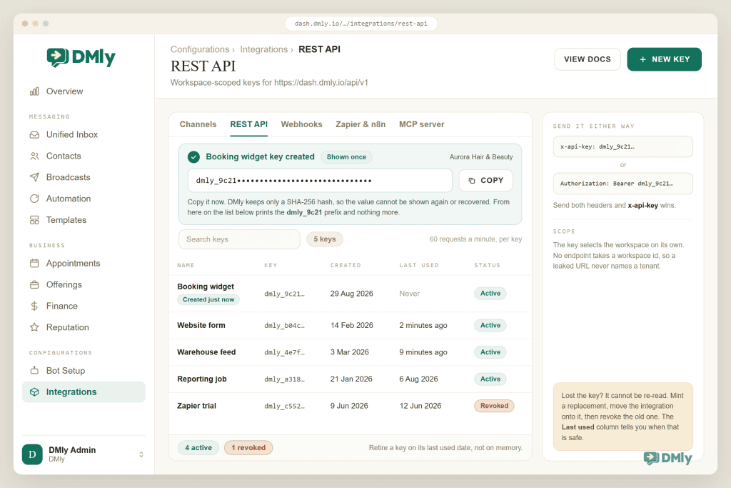 DMly Configurations, Integrations, REST API tab. A green banner reads Booking widget key created with a Shown once chip, and the new key sits in a field as dmly_9c21 followed by redacted dots beside a Copy button, over a line saying DMly keeps only a SHA-256 hash so the value cannot be shown again or recovered. The list underneath holds five keys with columns for Name, Key, Created, Last used and Status: Booking widget created just now and never used, Website form used 2 minutes ago, Warehouse feed 9 minutes ago, Reporting job last used 6 Aug 2026, and a revoked Zapier trial, footed by chips reading 4 active and 1 revoked. A side panel shows the two accepted forms, x-api-key and Authorization Bearer, notes that x-api-key wins when both are sent, and warns that a lost key has to be replaced rather than recovered.