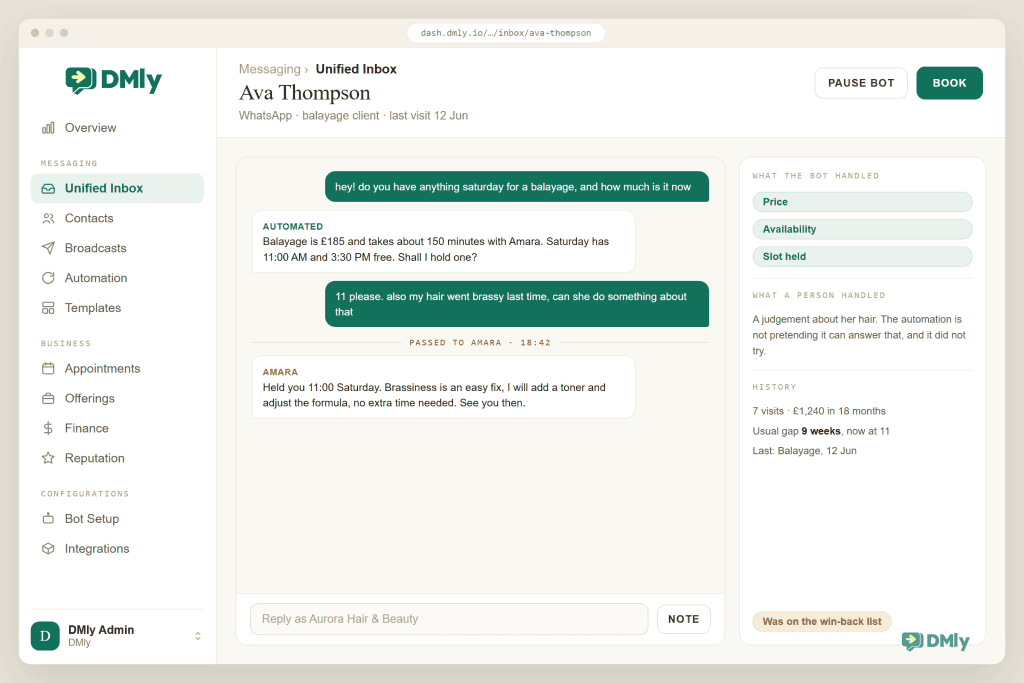 A DMly salon WhatsApp conversation where the automation quoted a price, offered Saturday times and held a slot, then passed the thread to the stylist when the client asked about brassy hair, with a side panel separating what the bot handled from what a person handled and showing the client is eleven weeks into a nine week cycle.