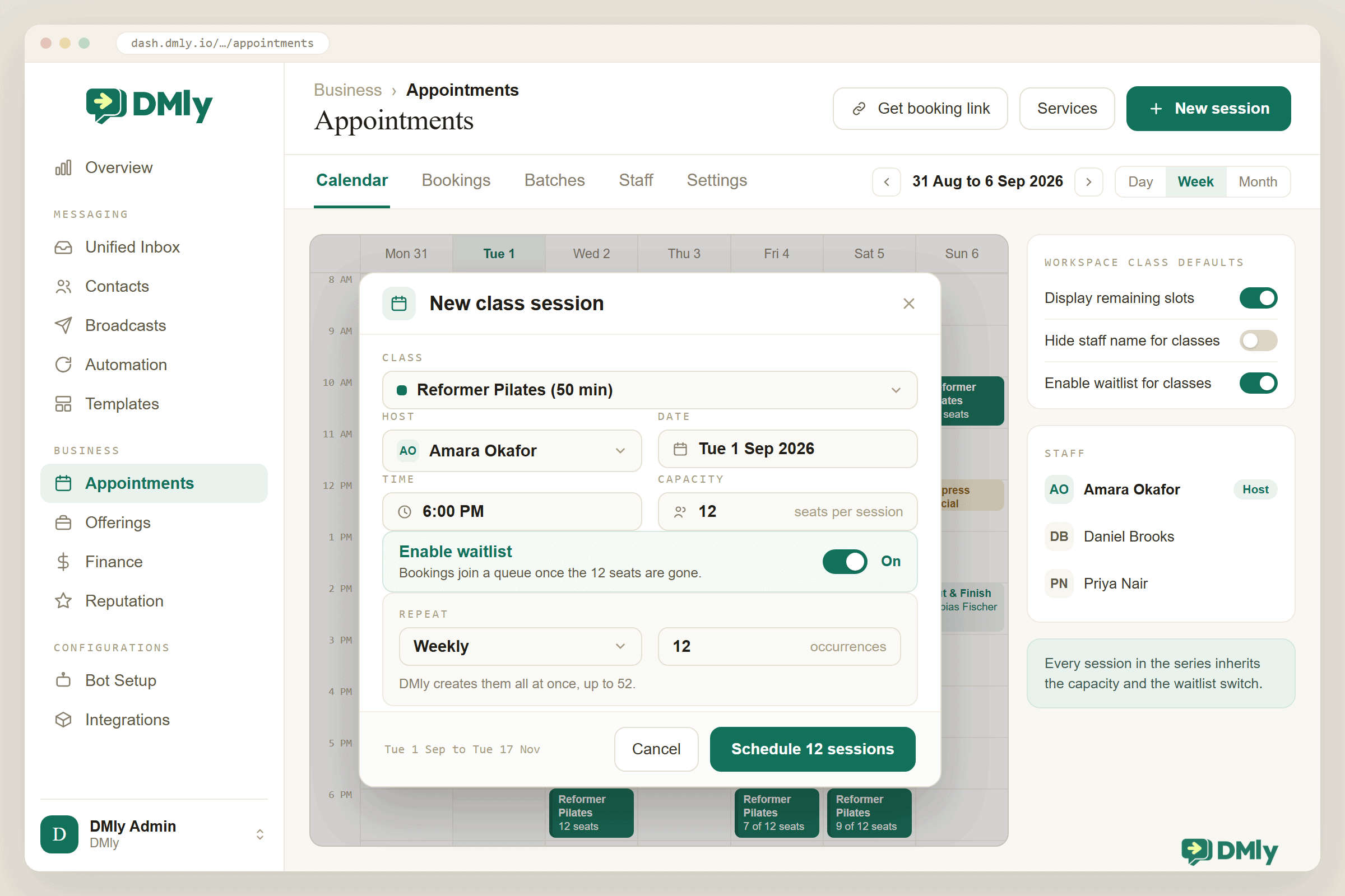The DMly Appointments calendar with a "New class session" modal open over a dimmed week grid, showing the class, host, date, time and capacity fields, a green waitlist switch set to On, and a weekly repeat set to 12 occurrences, with a right-hand strip listing the workspace class defaults.