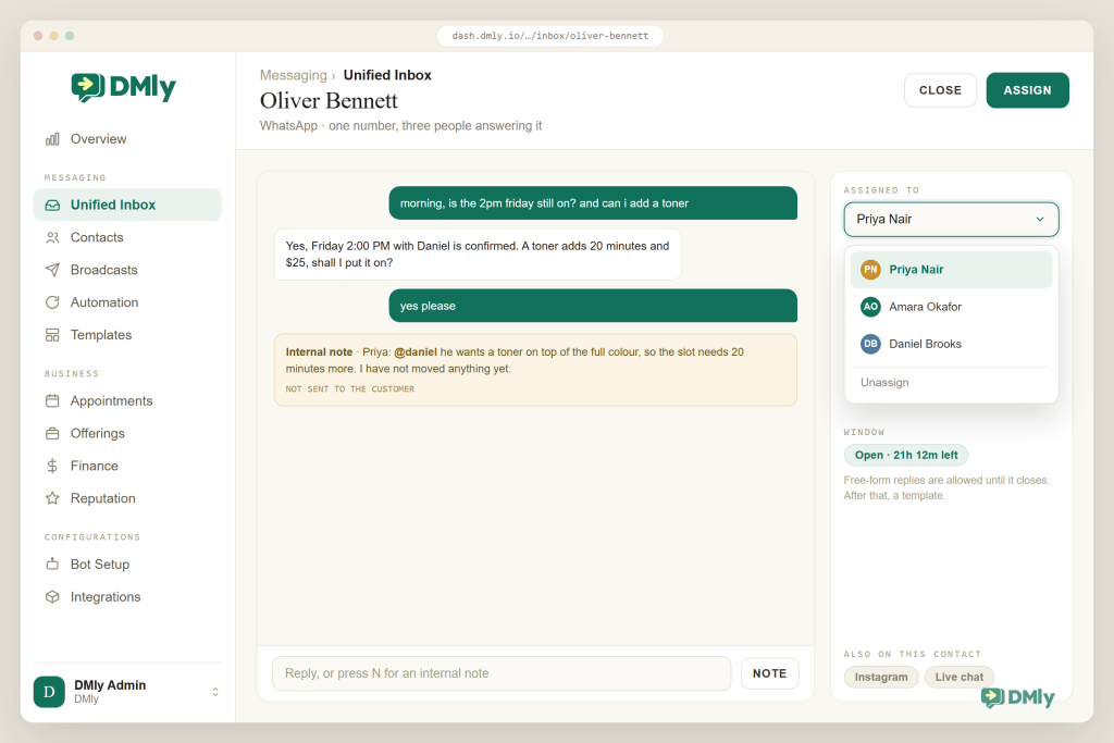 A DMly WhatsApp conversation with an assignment dropdown open showing three team members, an internal note that mentions a colleague and is marked as not sent to the customer, and a side panel showing the assignee, a 24-hour window countdown and the other channels the same contact uses.