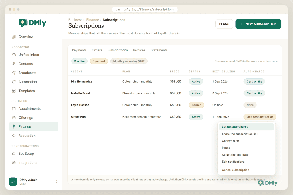 The DMly Finance Subscriptions tab listing four memberships with plan, price, status, next billing date and auto-charge state: two active with a card on file and a billing date in September, one paused with billing on hold and no auto-charge, and one active whose amber chip says the auto-charge link was sent but has not been set up yet, with the row action menu open below the list showing set up auto-charge, share the subscription link, change plan, pause, adjust the end date, edit notifications and cancel.