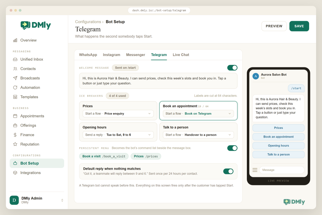 DMly Bot Setup screen on the Telegram tab. The welcome message is switched on and labelled Sent on /start. Four ice breakers are filled in, Prices, Book an appointment, Opening hours and Talk to a person, with each action set to start a flow or send a reply, and a 19 of 64 character counter on the selected one. Two persistent menu items become the /book_a_visit and /prices commands, a default reply is on, and a phone preview shows the bot chat with the welcome and the four tappable buttons under it.