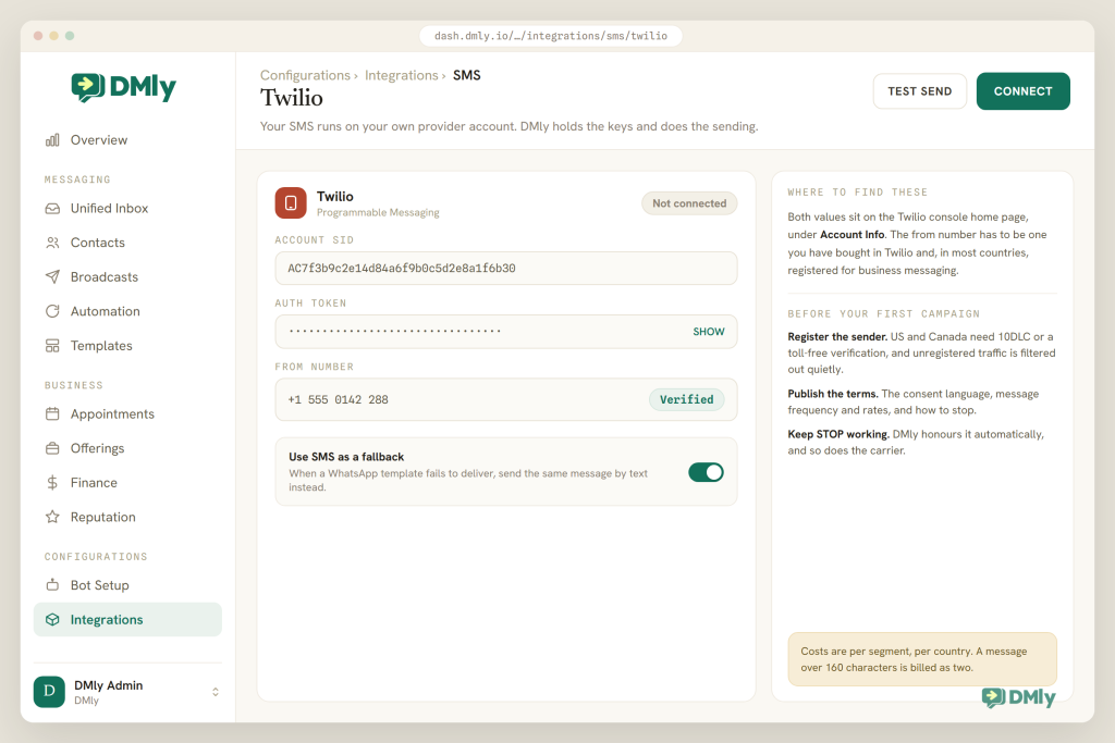 The DMly Twilio integration screen with fields for Account SID, a hidden auth token and a verified from number, a switch turning on SMS as a fallback when WhatsApp fails to deliver, and a panel covering sender registration for the United States and Canada, the published consent terms and keeping STOP working.