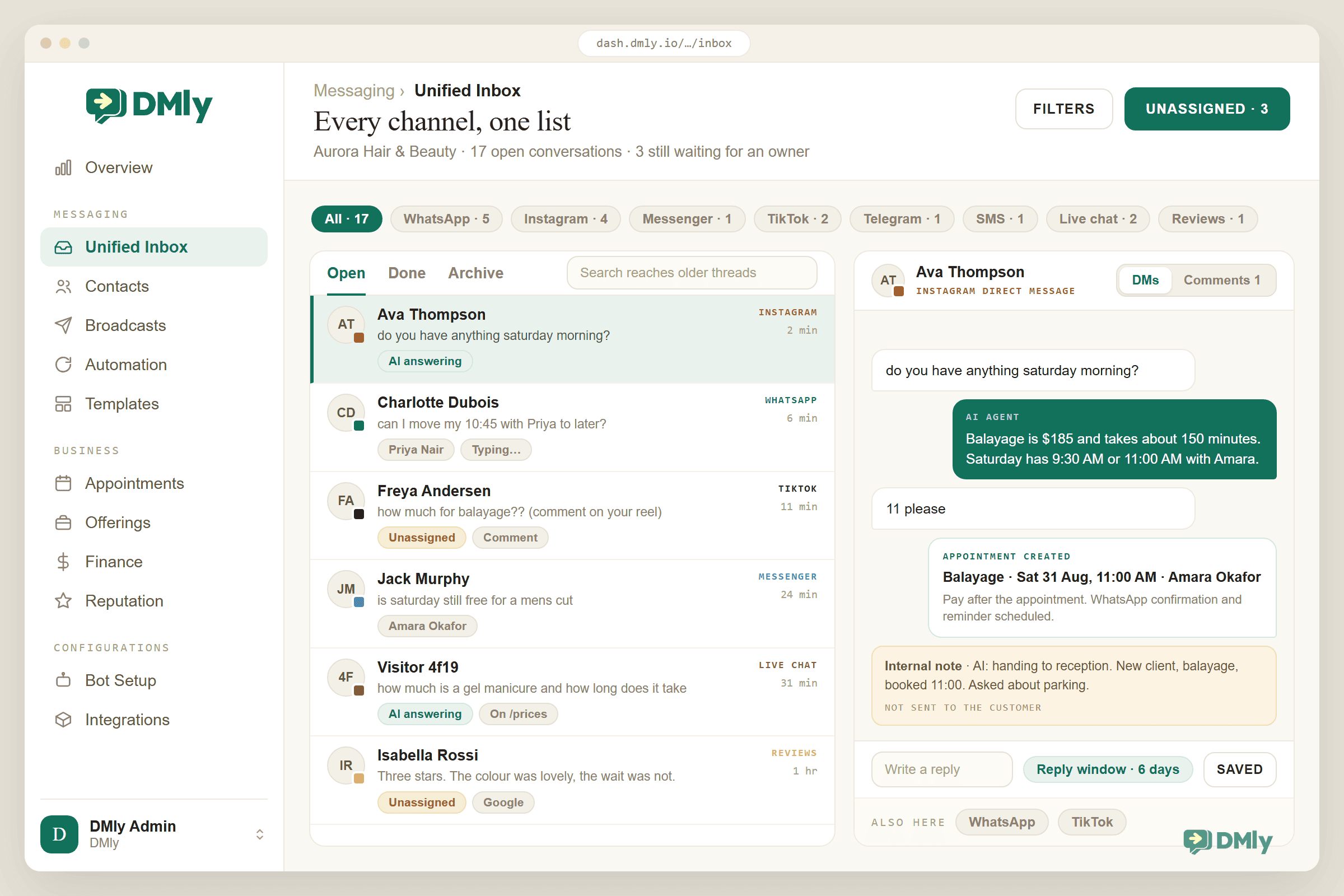 The DMly Unified Inbox for the Aurora Hair and Beauty workspace, with the product sidebar on the left and channel filter chips across the top reading All 17, WhatsApp 5, Instagram 4, Messenger 1, TikTok 2, Telegram 1, SMS 1, Live chat 2 and Reviews 1. The Open folder holds six conversations from six different channels in one list: an Instagram DM from Ava Thompson tagged AI answering and currently selected, a WhatsApp message from Charlotte Dubois assigned to Priya Nair who is typing, a TikTok comment from Freya Andersen marked Unassigned, a Messenger message from Jack Murphy assigned to Amara Okafor, a live chat from Visitor 4f19, and an unassigned three star Google review from Isabella Rossi. The thread on the right has a DMs and Comments toggle showing one comment, the AI offering Saturday at 9:30 AM or 11:00 AM, an appointment created for Balayage on Saturday 31 August at 11:00 AM with Amara Okafor to be paid after the appointment, and an internal note handing the conversation to reception. A footer strip shows the same person is also on WhatsApp and TikTok.