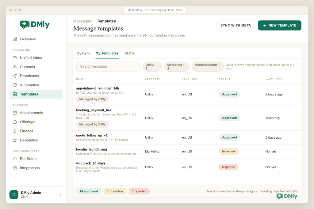 The DMly Templates screen on the My Templates tab, listing five WhatsApp templates with their category, language and status: three approved utility templates including two managed by DMly, one marketing template in review, and one rejected template with the reason that marketing wording was filed under Utility.
