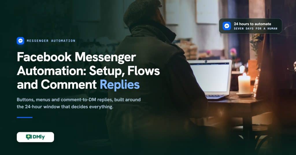 A man in a flat cap works at a laptop by candlelight in a dim cafe, with the title Facebook Messenger Automation: Setup, Flows and Comment Replies set in white over the quiet dark left side of the photograph.