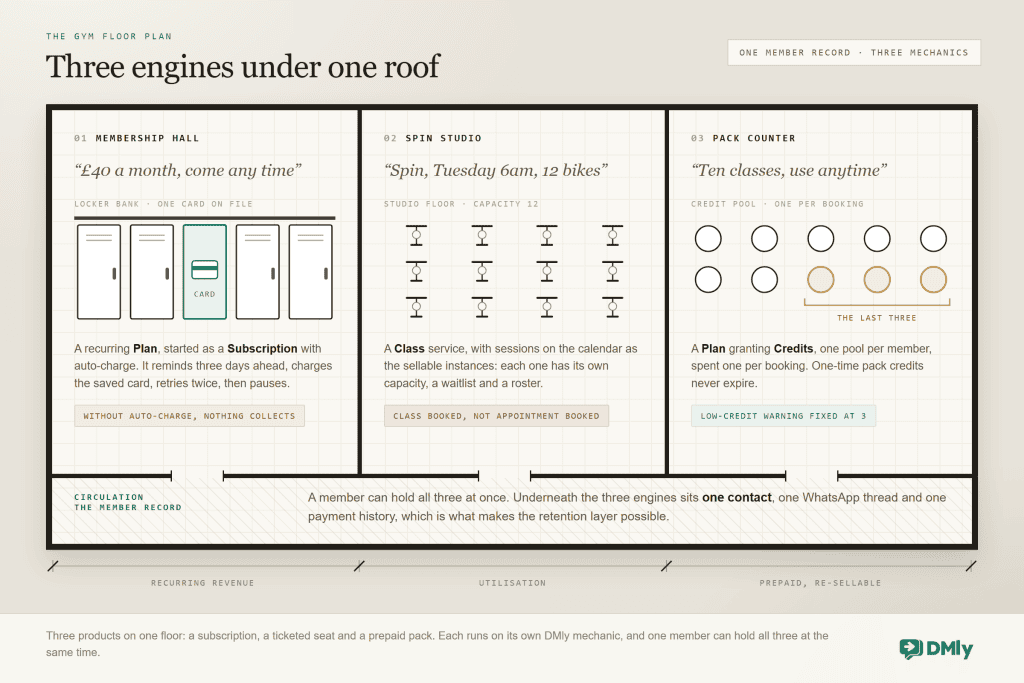 Overhead gym floor plan split into three rooms, each with its DMly mechanic. Membership hall: a bank of lockers with one saved card, a recurring Plan started as a Subscription with auto-charge that reminds three days ahead, charges, retries twice, then pauses. Spin studio: twelve bikes drawn in plan, a Class service whose sessions each carry their own capacity, a waitlist and a roster. Pack counter: ten credit tokens with the last three flagged, a Plan granting Credits from one pool per member, spent one per booking. All three rooms open onto a corridor marked as the single member record, and a dimension string under the plan names the engines: recurring revenue, utilisation, prepaid and re-sellable.