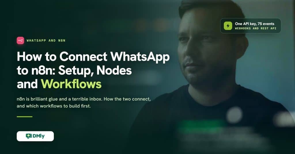 A developer at night sits behind glass, his face lit by a screen of blurred coloured workflow blocks, next to the headline How to Connect WhatsApp to n8n: Setup, Nodes and Workflows on a dark green DMly card.