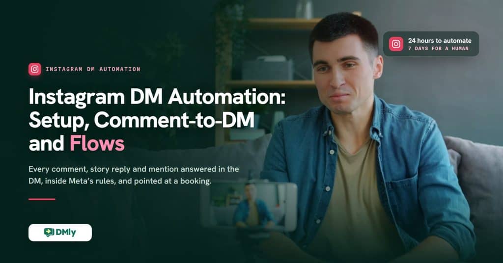 A man sits on a sofa recording himself on a smartphone propped on a small tripod, beside the title Instagram DM Automation: Setup, Comment-to-DM and Flows on a dark green DMly card.