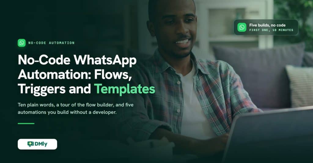 A smiling man in a checked shirt works at a laptop on a table in a plant-filled living room, beside the headline No-Code WhatsApp Automation: Flows, Triggers and Templates and a WhatsApp badge reading Five builds, no code, first one 10 minutes.