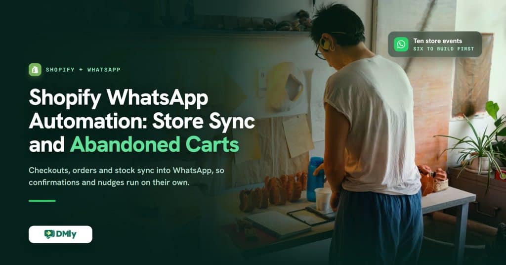 A maker stands at a warm studio bench lined with hand-formed terracotta pieces and an open order notebook, beside the headline Shopify WhatsApp Automation: Store Sync and Abandoned Carts on a dark green DMly card.