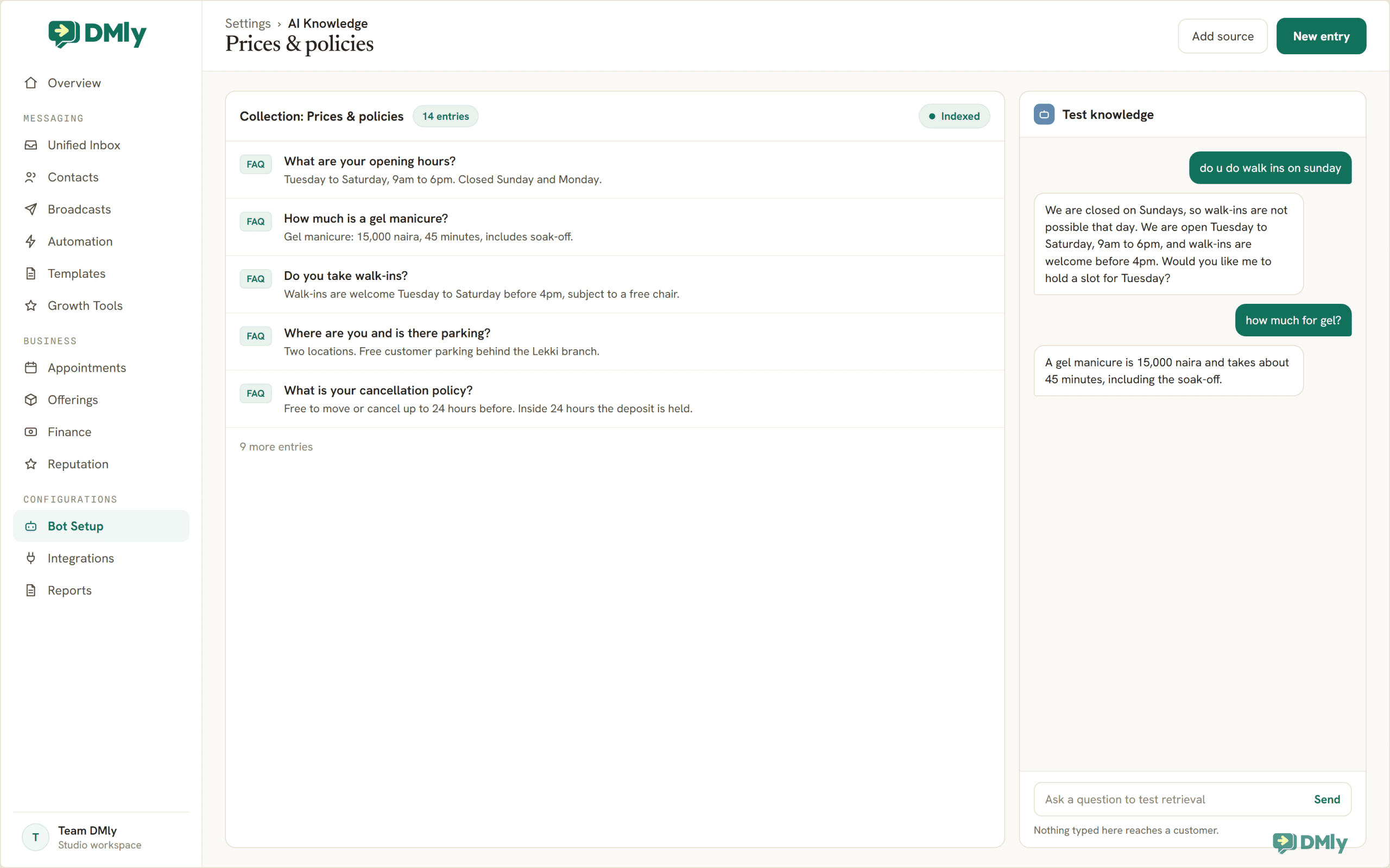 DMly AI Knowledge screen showing a collection of FAQ entries with exact prices and policies, beside a Test knowledge panel answering a misspelled customer question.
