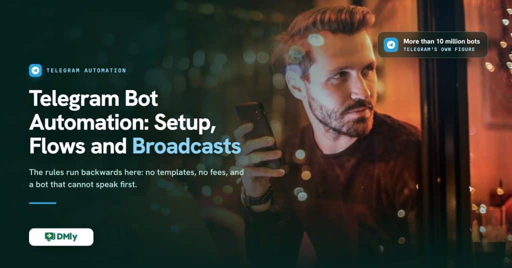 A man sits at a table at night holding his phone with a laptop open in front of him, warm string lights blurred behind the glass, beside the title Telegram Bot Automation: Setup, Flows and Broadcasts on the DMly blog.