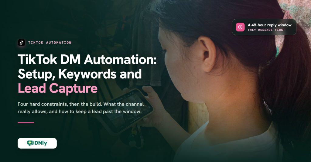 Over the shoulder of a young video creator holding a phone that is playing back footage, with camera tripods behind her in a dark room, beside the headline TikTok DM Automation: Setup, Keywords and Lead Capture on a deep green DMly card.