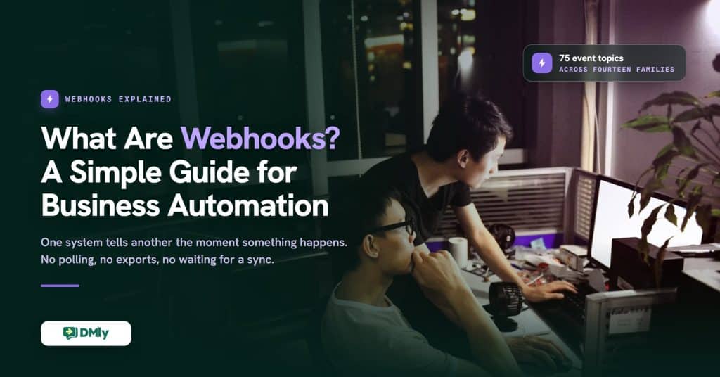 Two colleagues working side by side at computer screens in a dimly lit office at night, one seated and one leaning in at the keyboard, with the title What Are Webhooks? A Simple Guide for Business Automation set in white over the dark left third of the frame.
