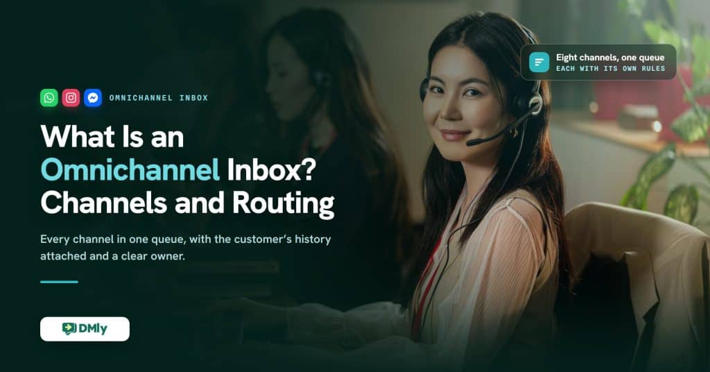 A smiling support agent in a headset works at her computer beside colleagues in a warm, dimly lit office, under the title What Is an Omnichannel Inbox? Channels and Routing, with WhatsApp, Instagram and Messenger marks and a note reading eight channels, one queue.