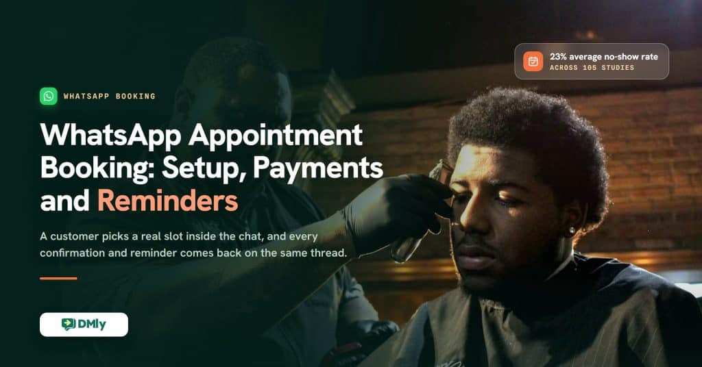 Featured image for the WhatsApp appointment booking guide: a barber lines up a client's hairline in a dark brick shop, with the title WhatsApp Appointment Booking, Setup, Payments and Reminders, and a note that the average no-show rate across 105 studies is 23 percent.