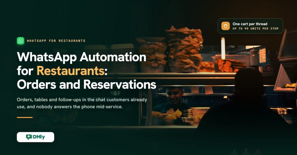 Dark, warm photograph of a restaurant service pass: a cook smiles through the glass while wrapped orders stack under the heat lamps and a customer waits in silhouette. Overlaid title reads WhatsApp Automation for Restaurants: Orders and Reservations.