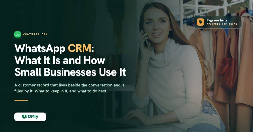 Featured image for the WhatsApp CRM guide: a boutique owner takes a call at her laptop among clothing rails, with the title WhatsApp CRM, What It Is and How Small Businesses Use It, and a note that tags are facts and segments are rules.