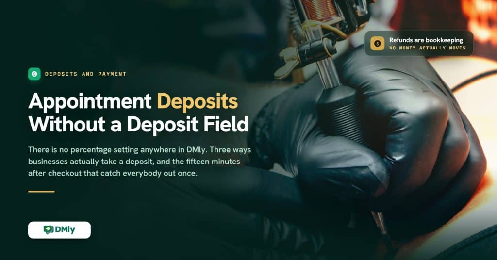 Featured image for the guide to taking appointment deposits, a deep green card over a close photograph of a gloved hand holding a tattoo machine under a warm studio lamp, carrying the headline that appointment deposits are taken without a deposit field.